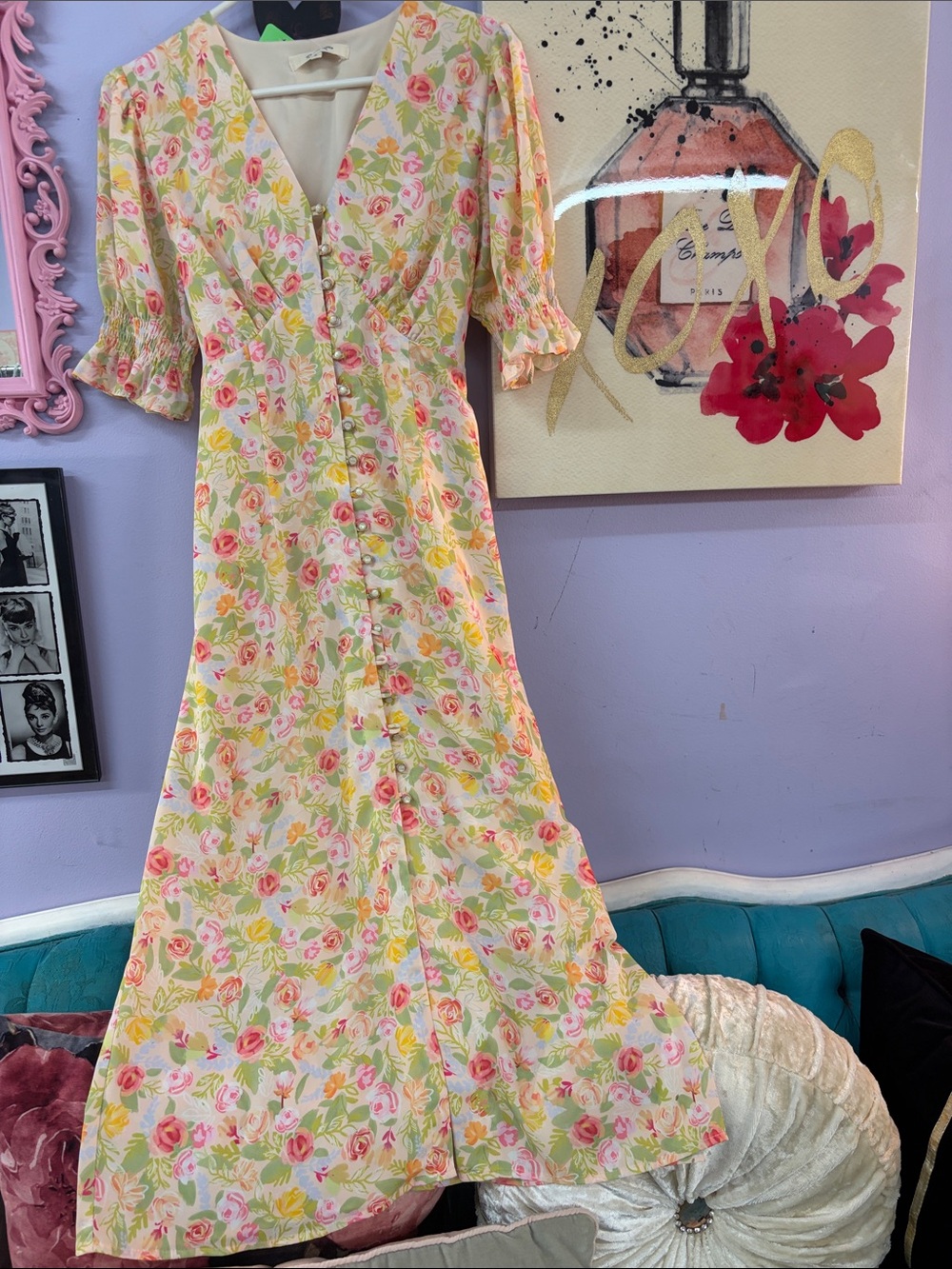 Floral V-Neck Maxi Dress in Yellow and Pink